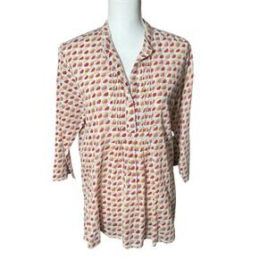Roberta Roller Rabbit Tunic Shirt Fan Design Print Cotton 3/4 Sleeve Large